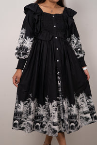 Black Scenic Print Off-Shoulder Midi Dress