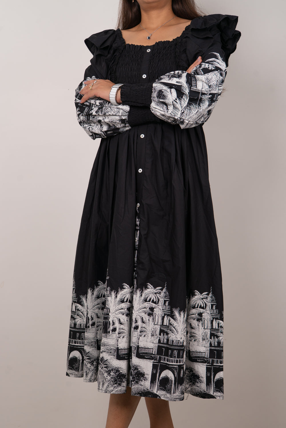 Black Scenic Print Off-Shoulder Midi Dress
