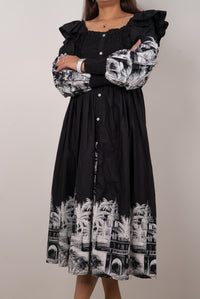 Black Scenic Print Off-Shoulder Midi Dress