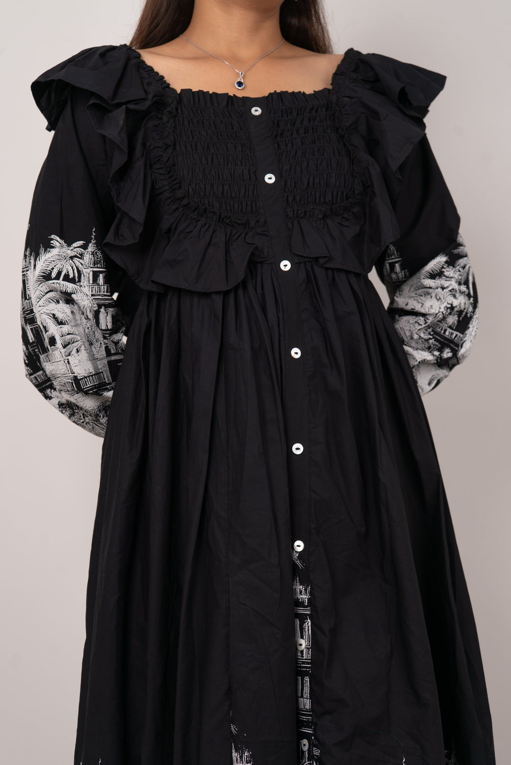 Black Scenic Print Off-Shoulder Midi Dress