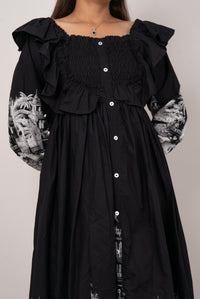 Black Scenic Print Off-Shoulder Midi Dress
