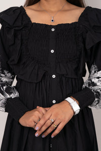 Black Scenic Print Off-Shoulder Midi Dress