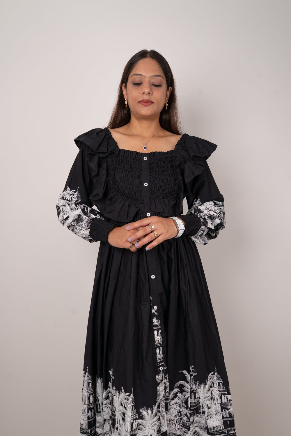 Black Scenic Print Off-Shoulder Midi Dress
