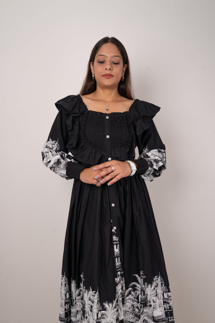Black Scenic Print Off-Shoulder Midi Dress