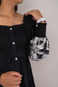 Black Scenic Print Off-Shoulder Midi Dress