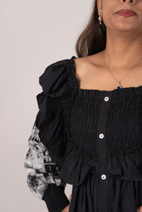 Black Scenic Print Off-Shoulder Midi Dress