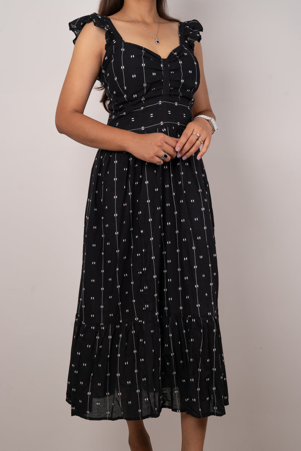 Black Dobby Print Ruffle-Strap Tiered Maxi Dress