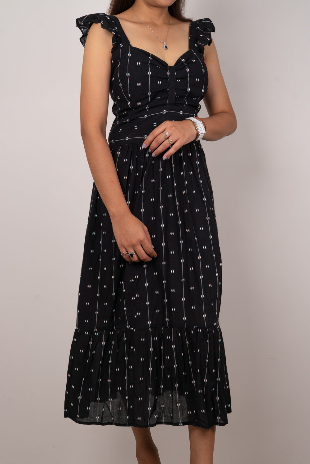 Black Dobby Print Ruffle-Strap Tiered Maxi Dress