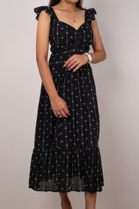 Black Dobby Print Ruffle-Strap Tiered Maxi Dress
