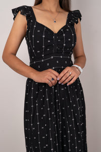 Black Dobby Print Ruffle-Strap Tiered Maxi Dress