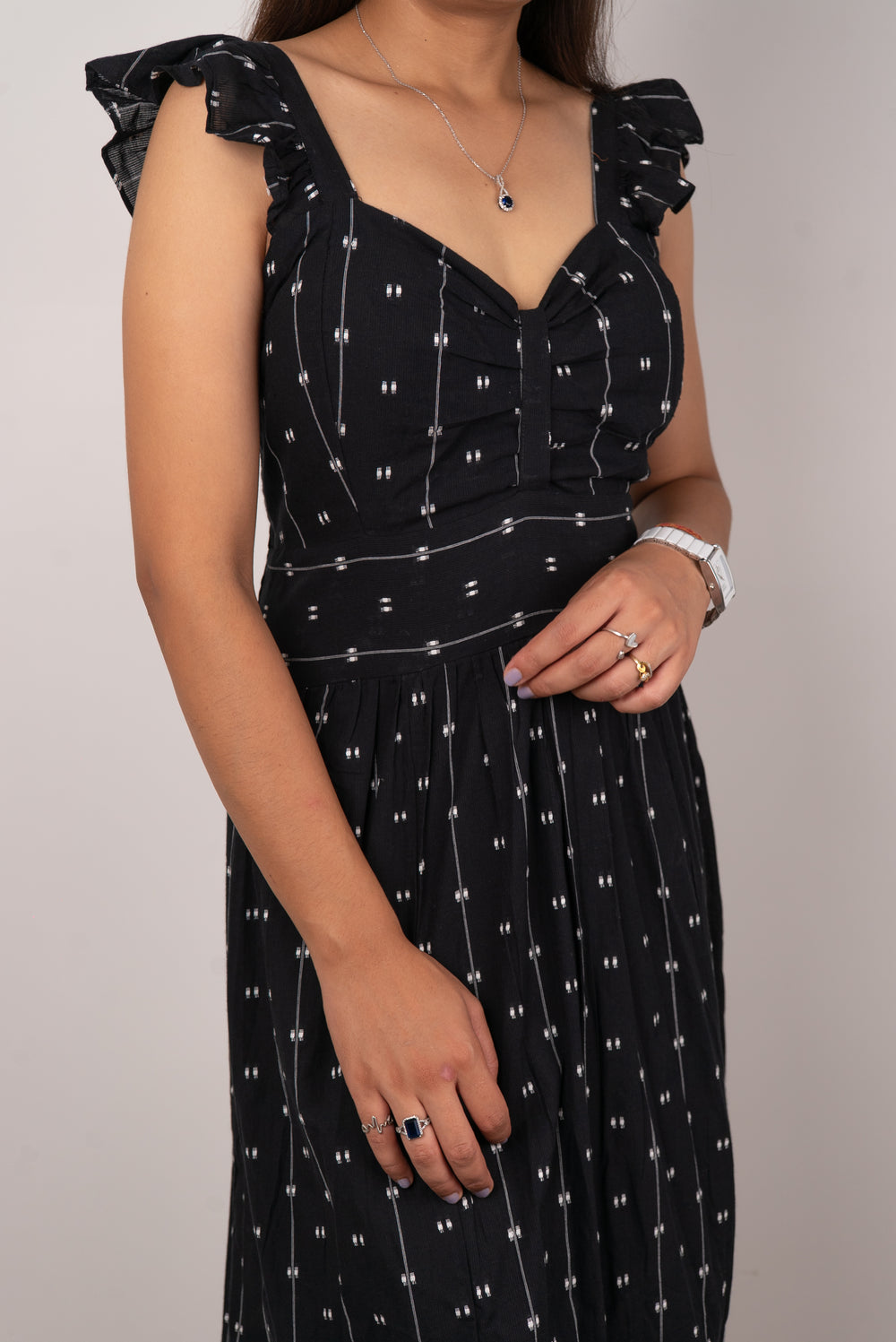 Black Dobby Print Ruffle-Strap Tiered Maxi Dress