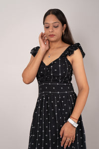 Black Dobby Print Ruffle-Strap Tiered Maxi Dress