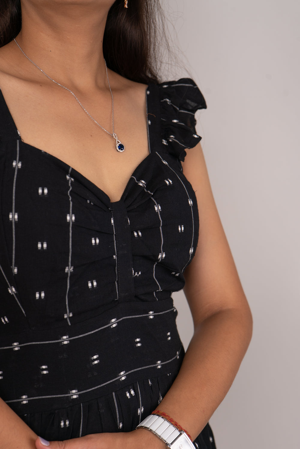 Black Dobby Print Ruffle-Strap Tiered Maxi Dress
