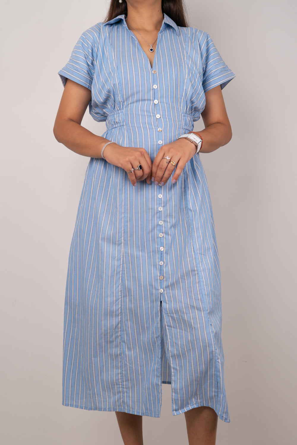 Sky Blue Striped Cotton Shirt Dress