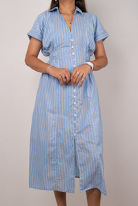 Sky Blue Striped Cotton Shirt Dress