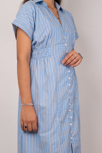Sky Blue Striped Cotton Shirt Dress