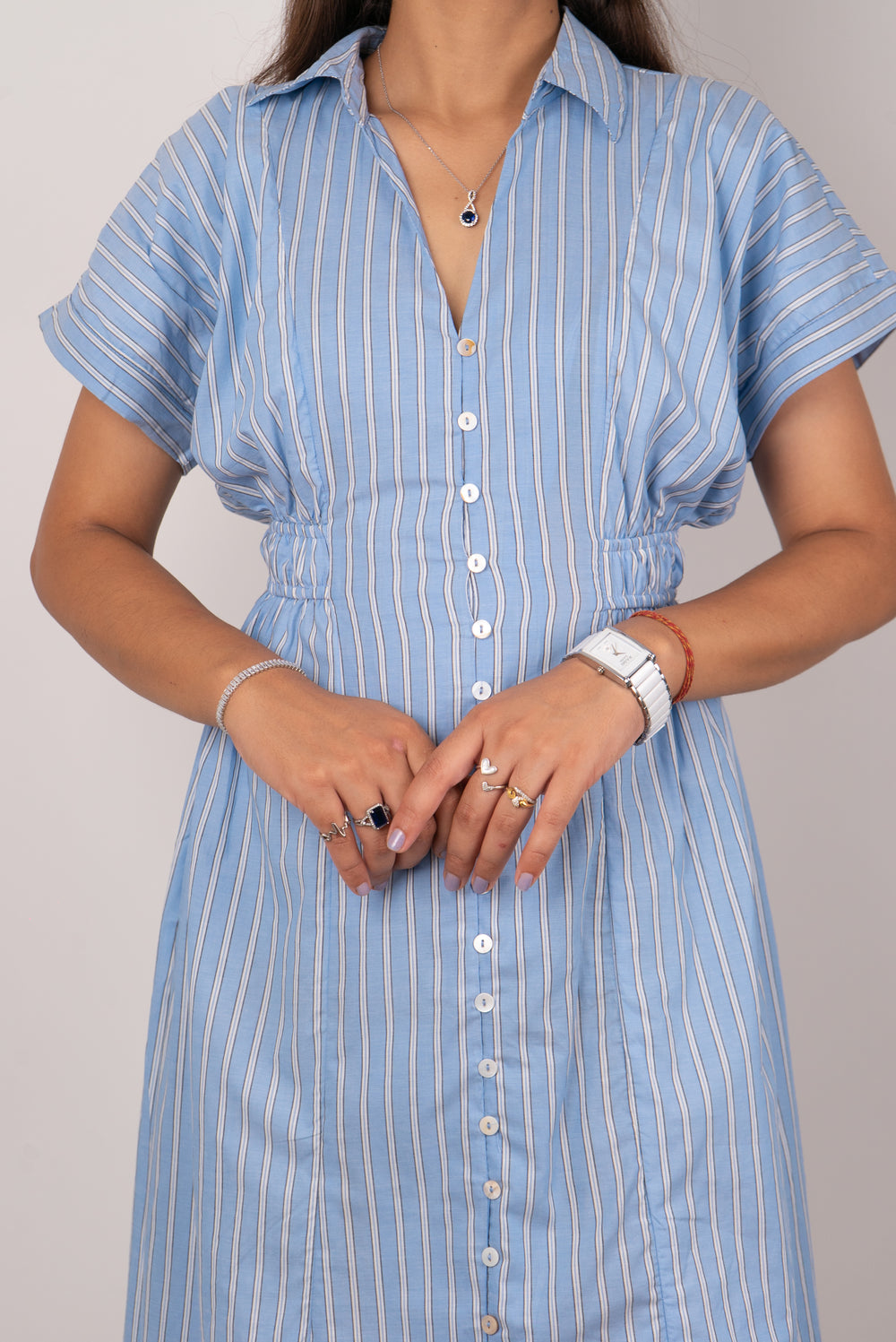 Sky Blue Striped Cotton Shirt Dress