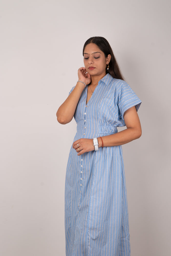 Sky Blue Striped Cotton Shirt Dress