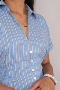 Sky Blue Striped Cotton Shirt Dress