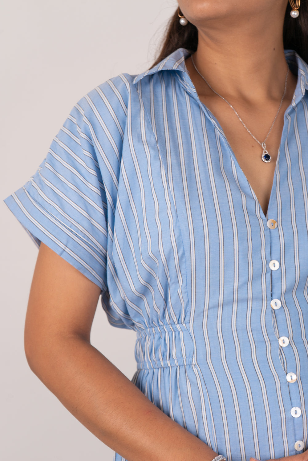 Sky Blue Striped Cotton Shirt Dress