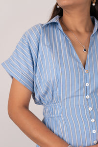 Sky Blue Striped Cotton Shirt Dress