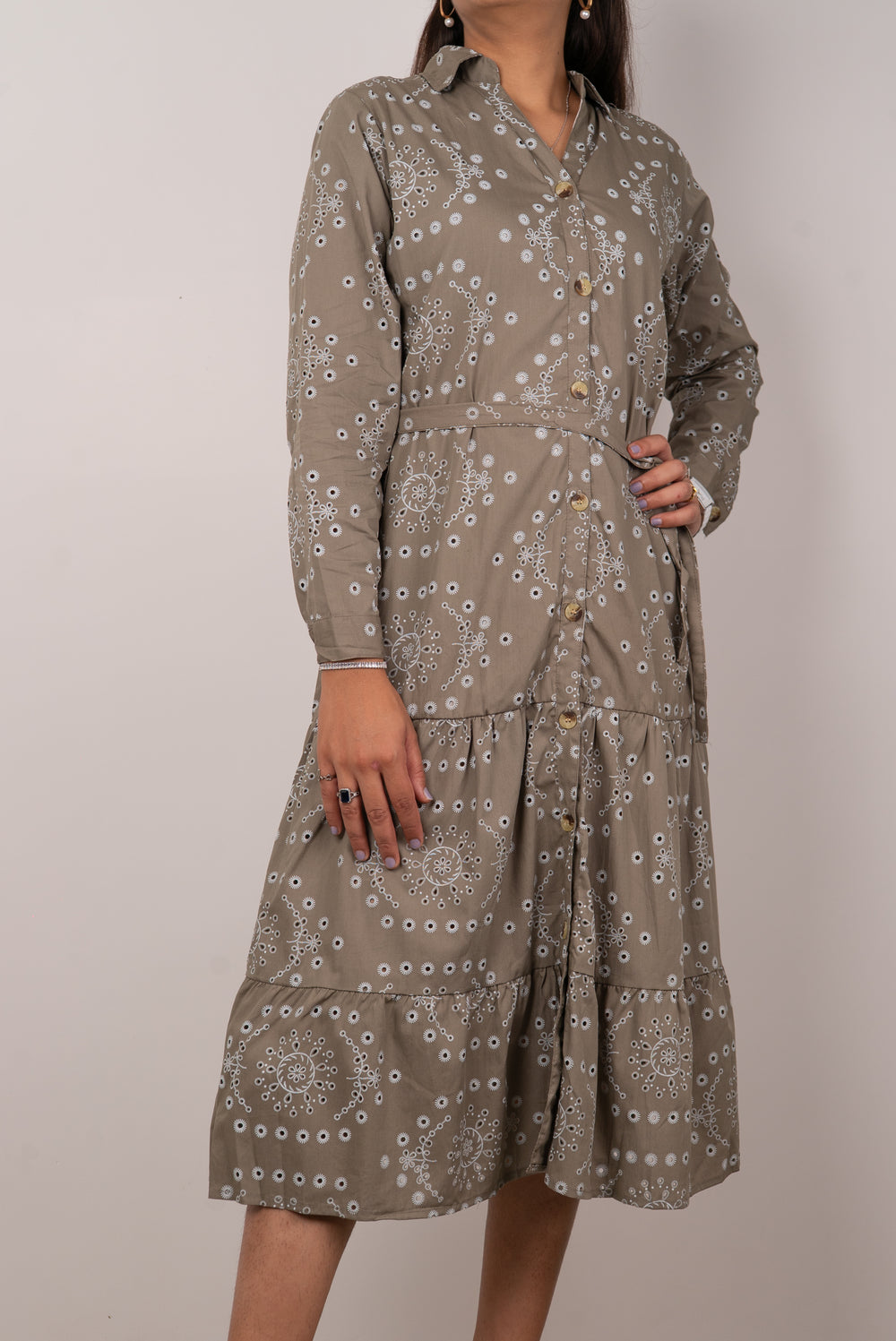 Olive Floral Eyelet Print Tiered Shirt Dress
