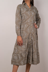 Olive Floral Eyelet Print Tiered Shirt Dress