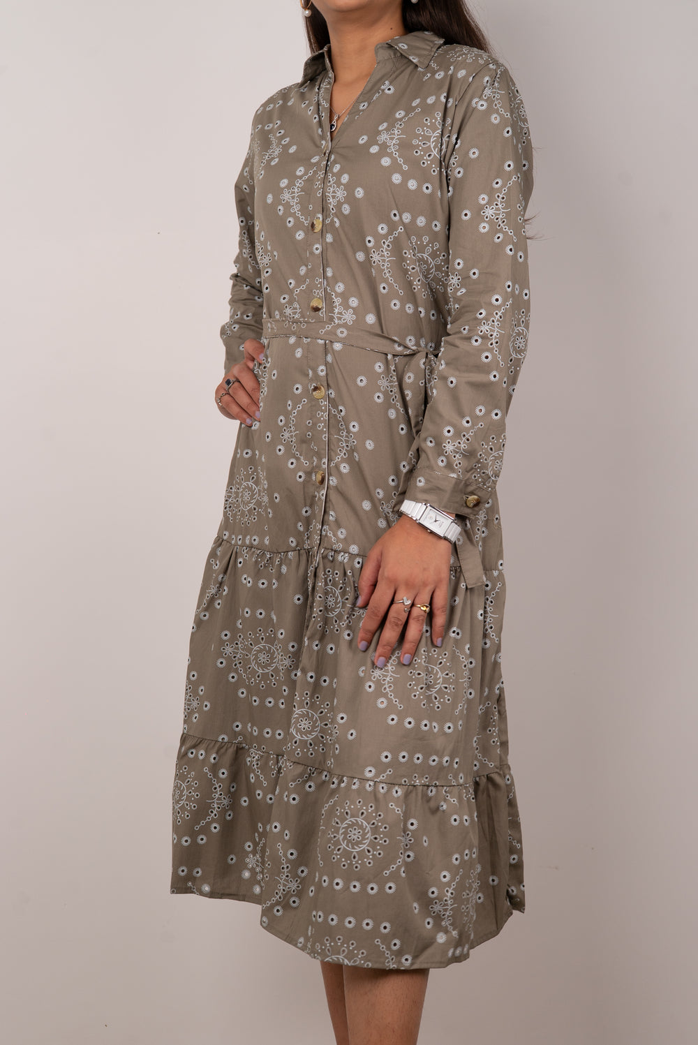 Olive Floral Eyelet Print Tiered Shirt Dress