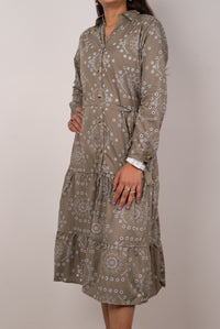 Olive Floral Eyelet Print Tiered Shirt Dress