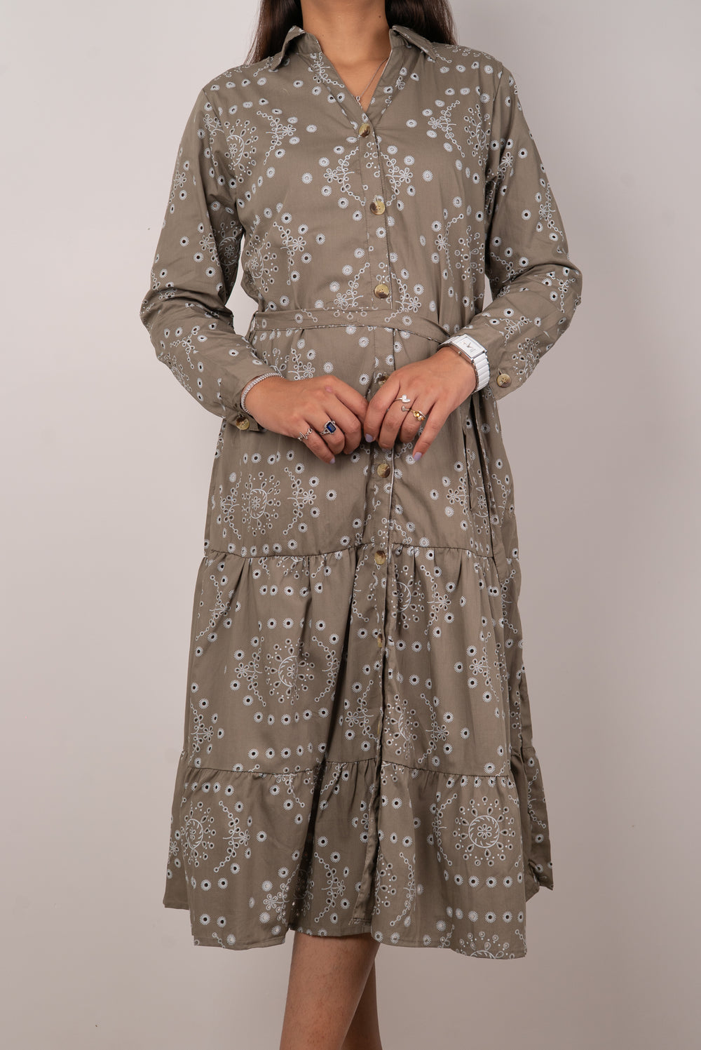 Olive Floral Eyelet Print Tiered Shirt Dress