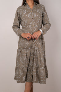 Olive Floral Eyelet Print Tiered Shirt Dress