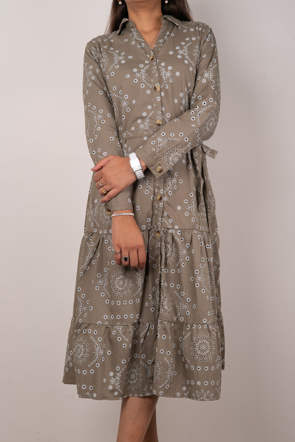 Olive Floral Eyelet Print Tiered Shirt Dress
