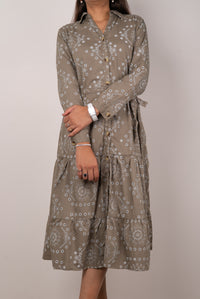 Olive Floral Eyelet Print Tiered Shirt Dress