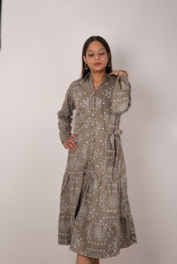 Olive Floral Eyelet Print Tiered Shirt Dress