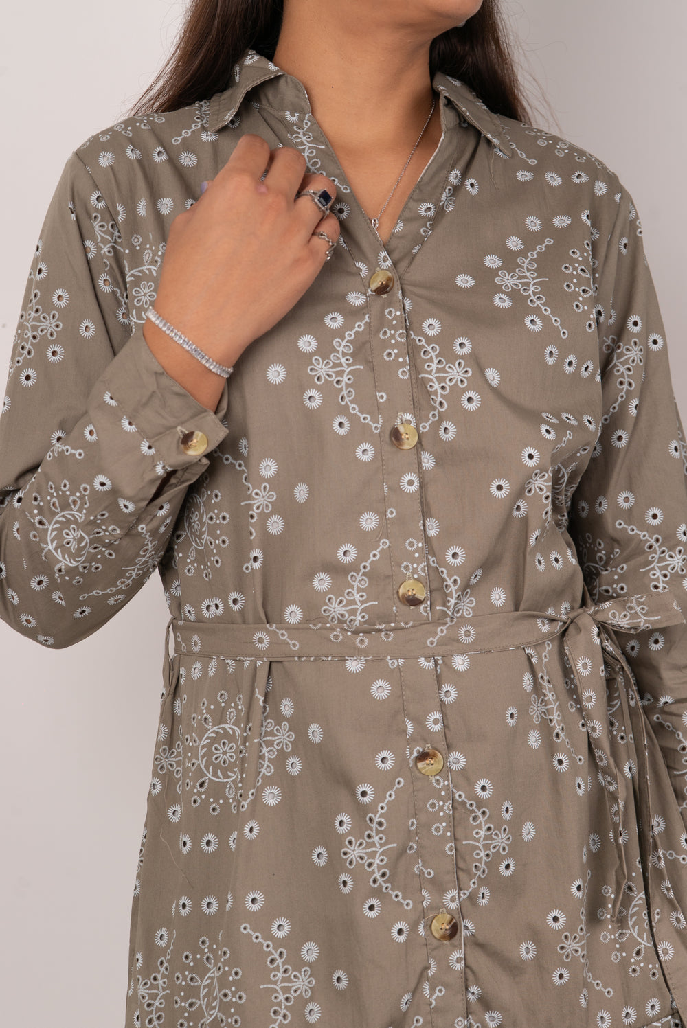 Olive Floral Eyelet Print Tiered Shirt Dress