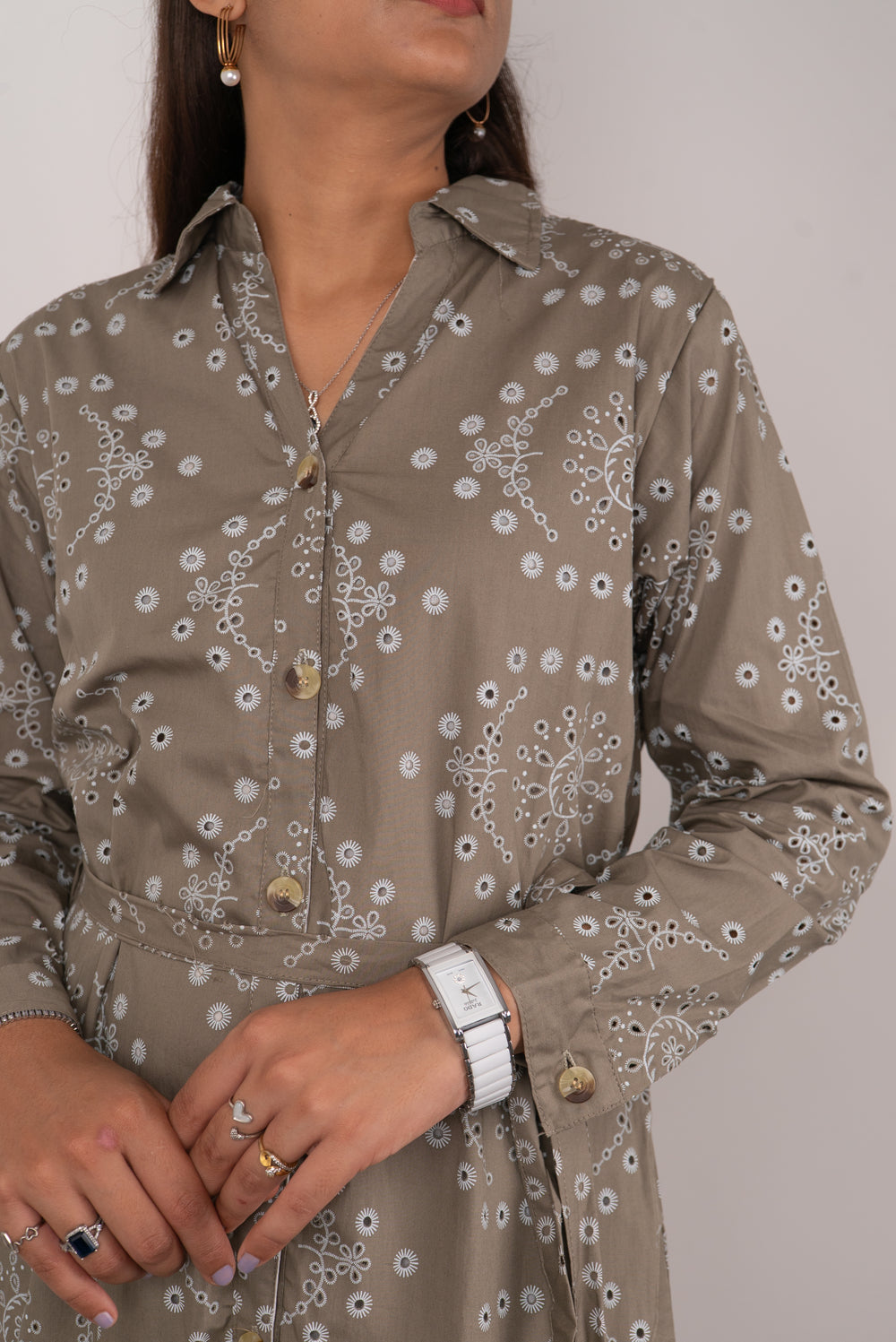 Olive Floral Eyelet Print Tiered Shirt Dress