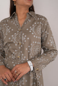 Olive Floral Eyelet Print Tiered Shirt Dress