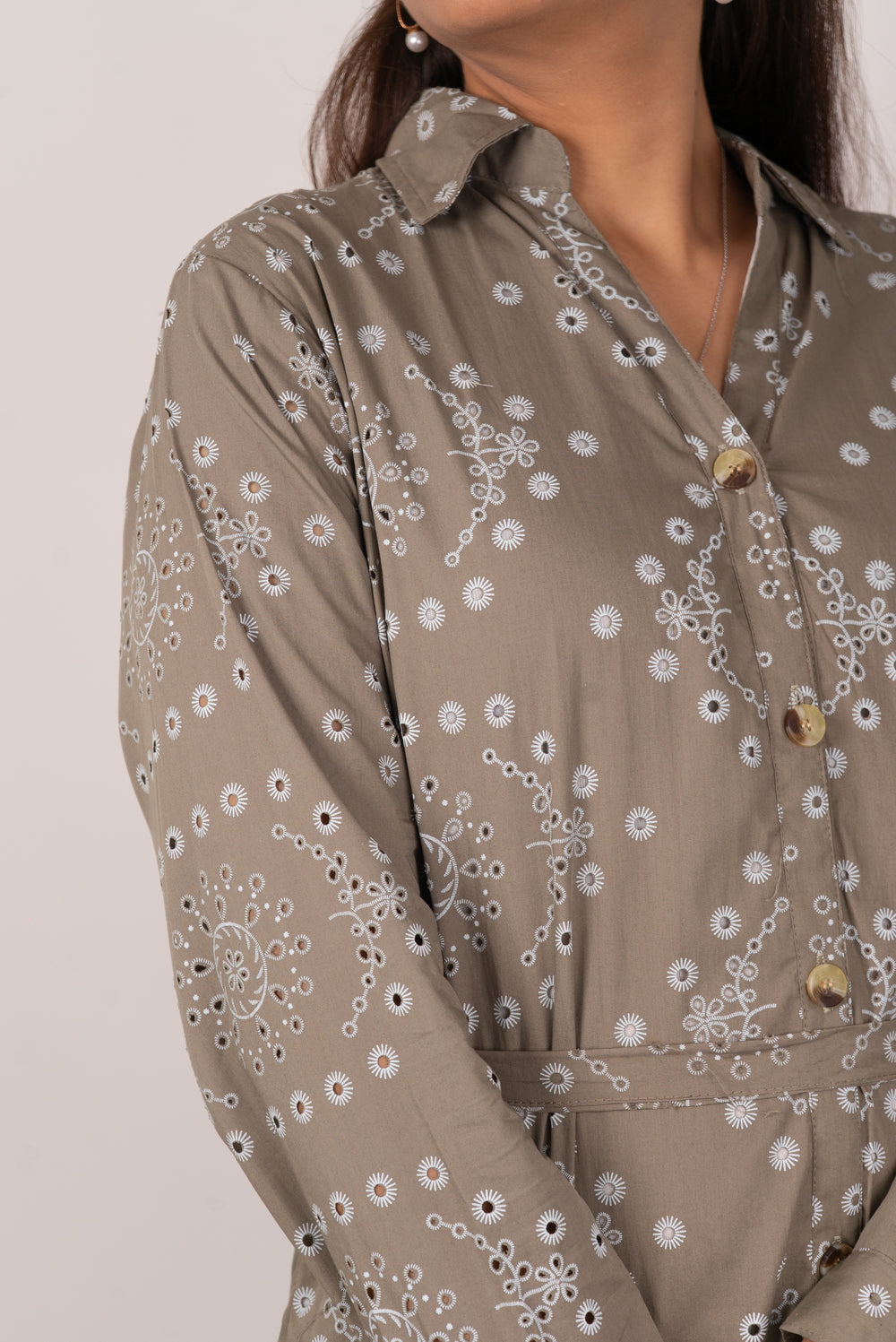 Olive Floral Eyelet Print Tiered Shirt Dress