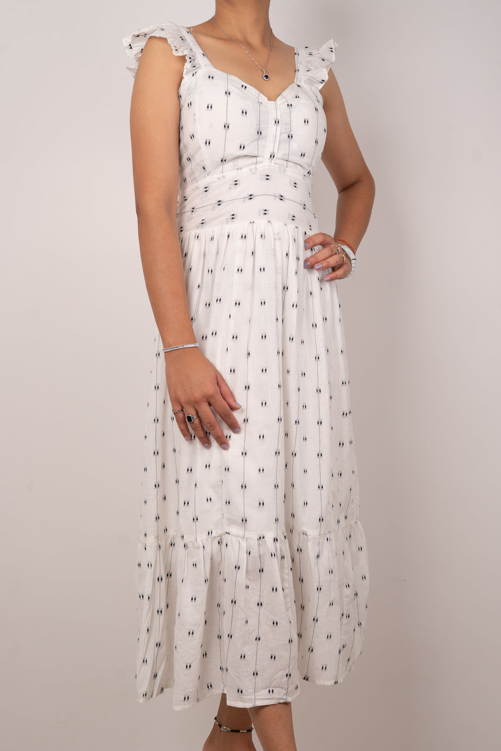 White Dobby Print Ruffle-Strap Tiered Maxi Dress
