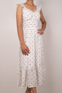 White Dobby Print Ruffle-Strap Tiered Maxi Dress