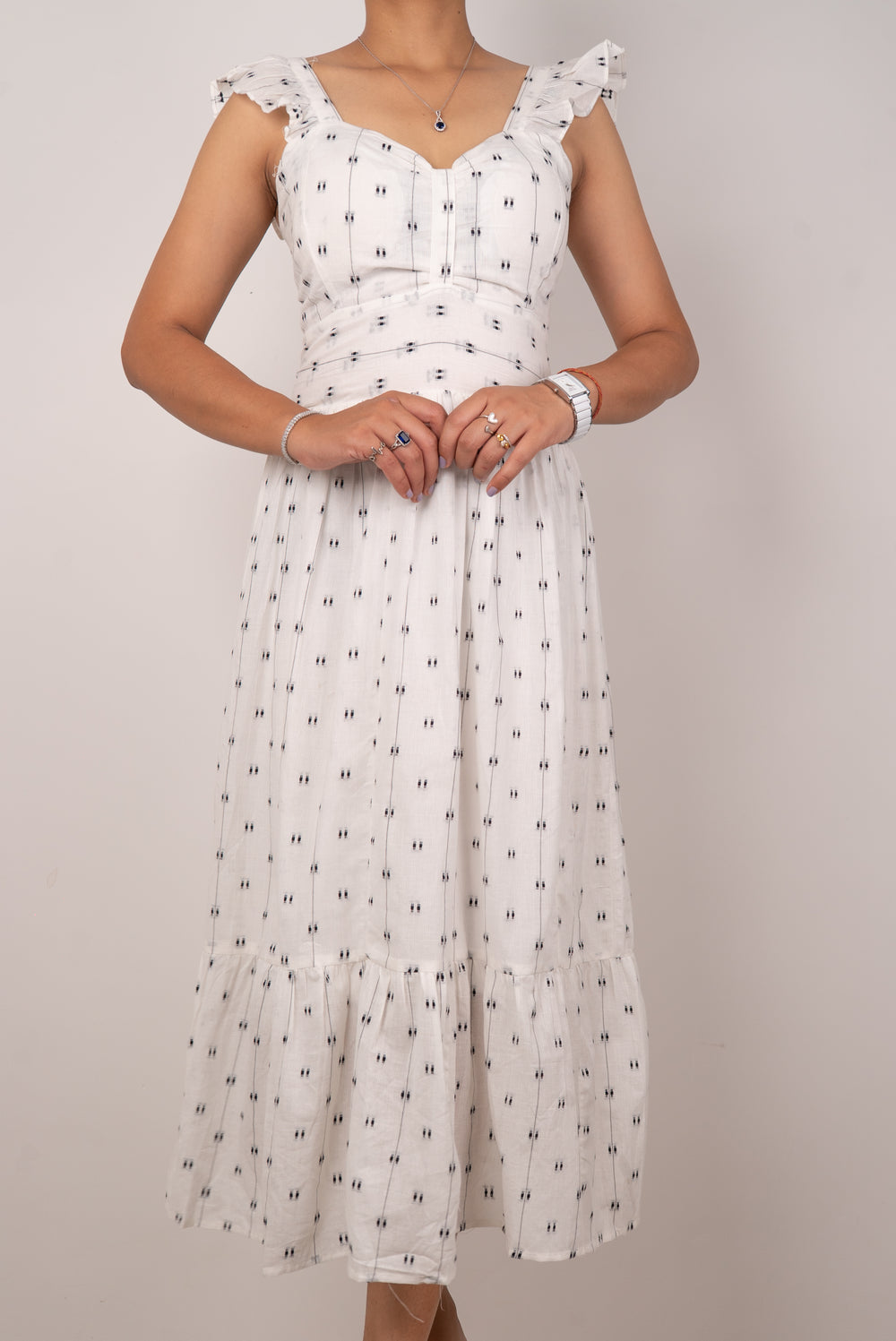 White Dobby Print Ruffle-Strap Tiered Maxi Dress