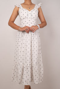White Dobby Print Ruffle-Strap Tiered Maxi Dress