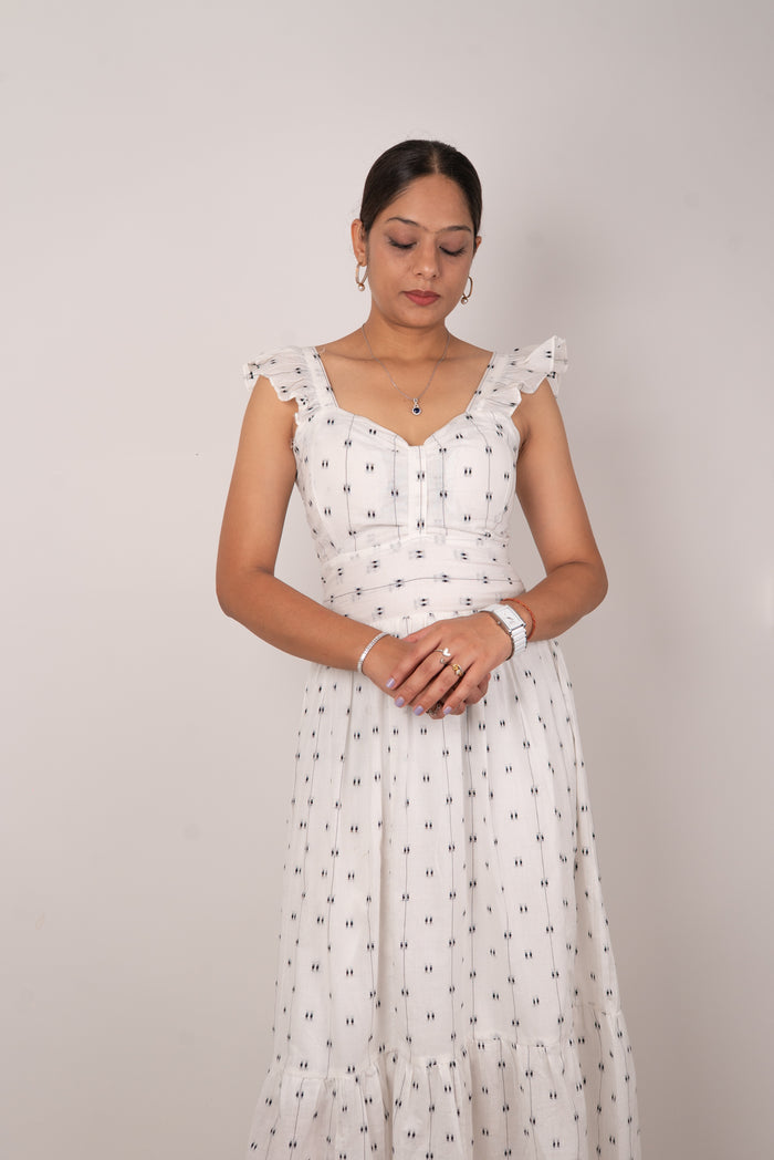 White Dobby Print Ruffle-Strap Tiered Maxi Dress