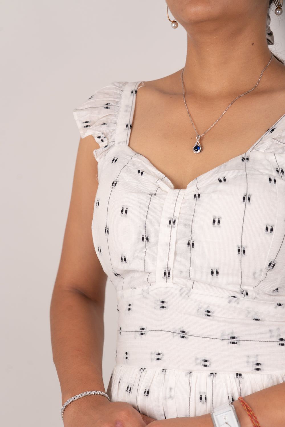 White Dobby Print Ruffle-Strap Tiered Maxi Dress