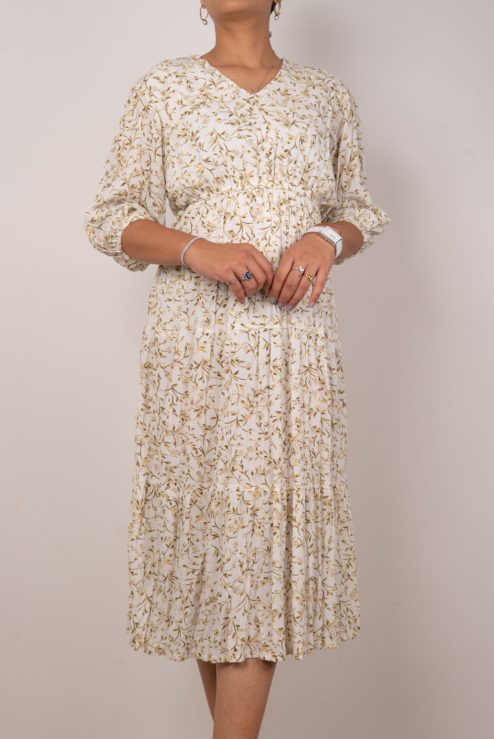 Ivory Floral Vine Print Tiered Dress