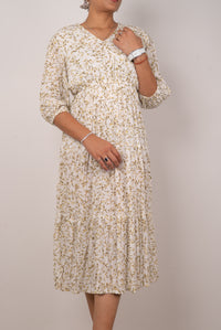 Ivory Floral Vine Print Tiered Dress