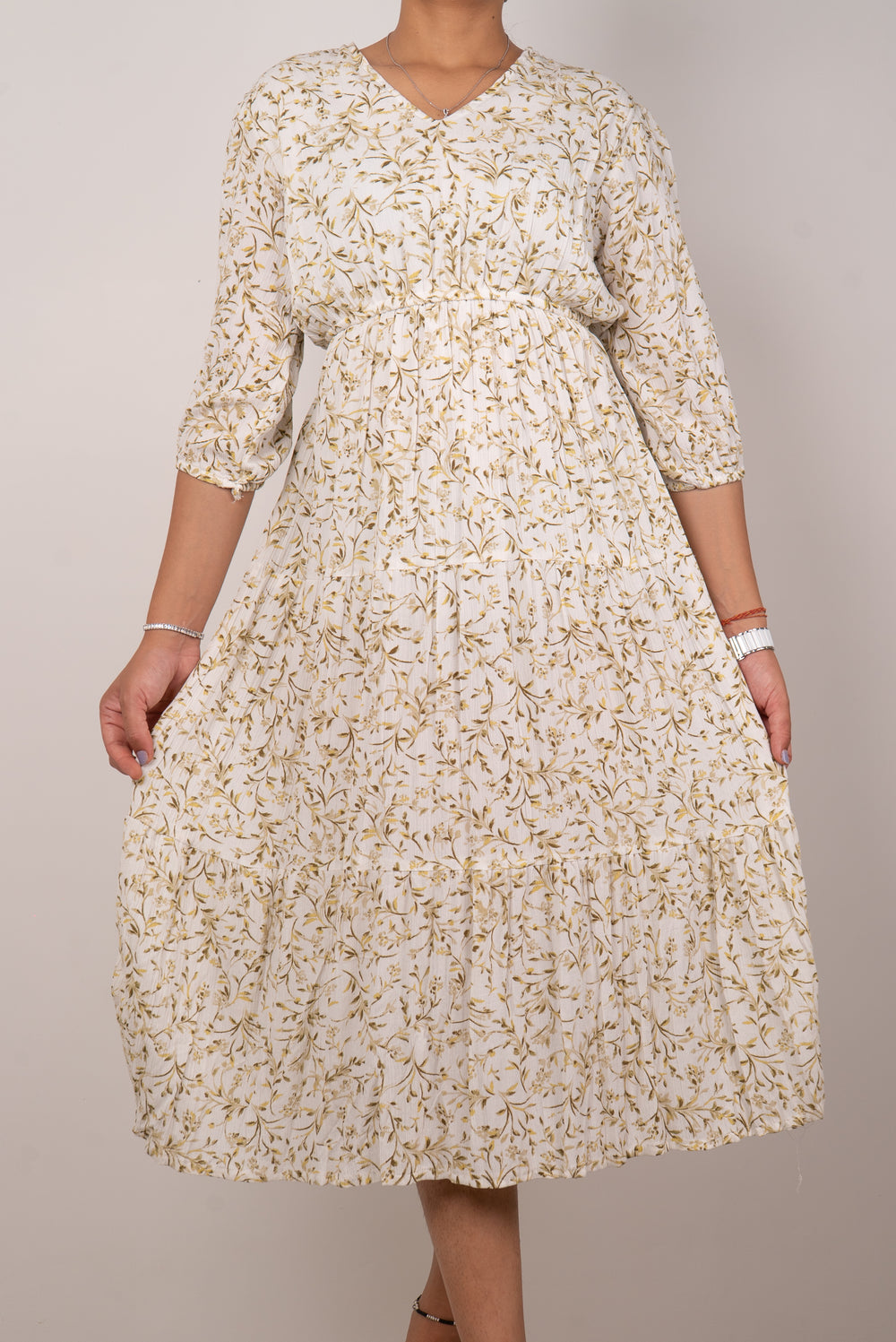Ivory Floral Vine Print Tiered Dress
