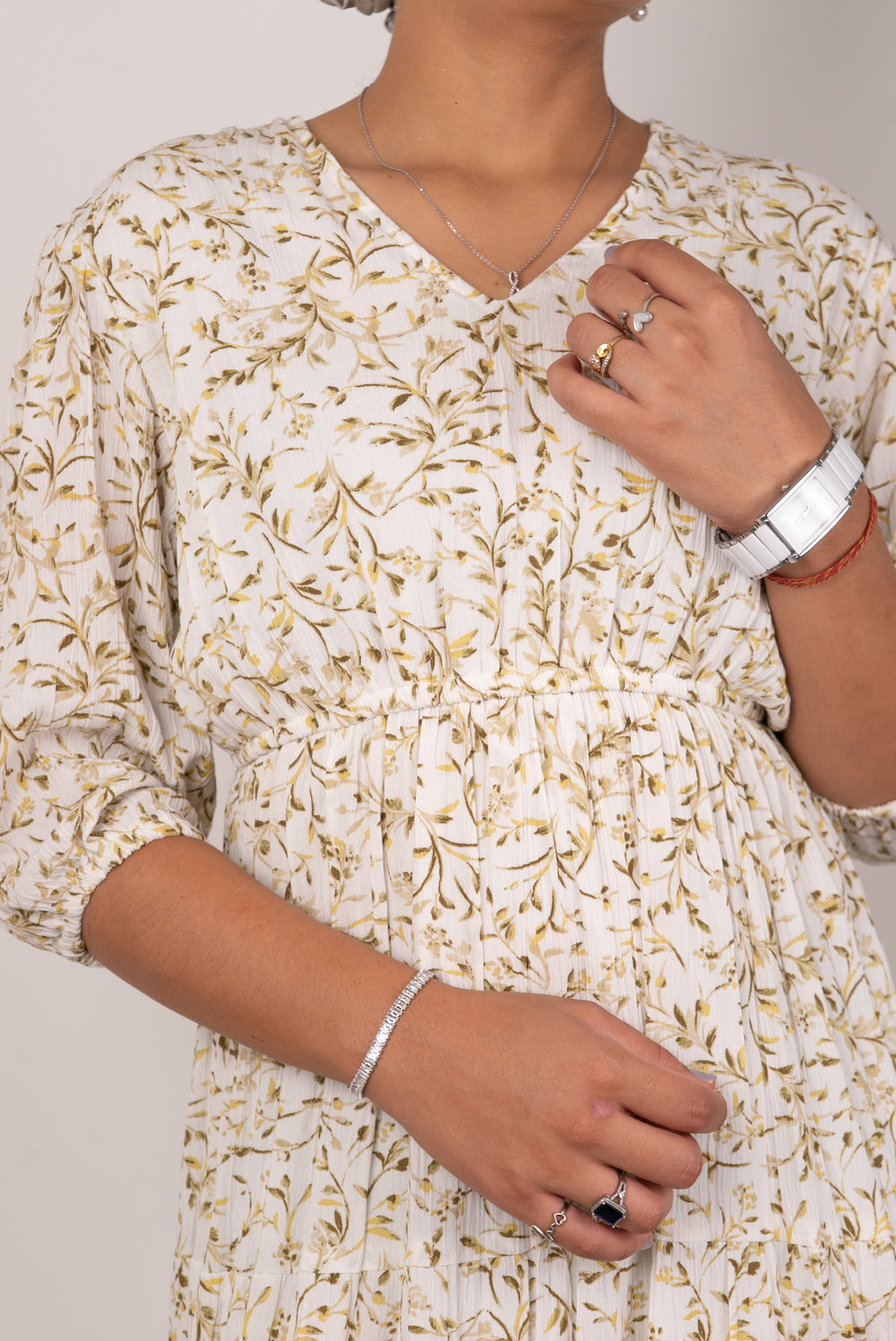 Ivory Floral Vine Print Tiered Dress