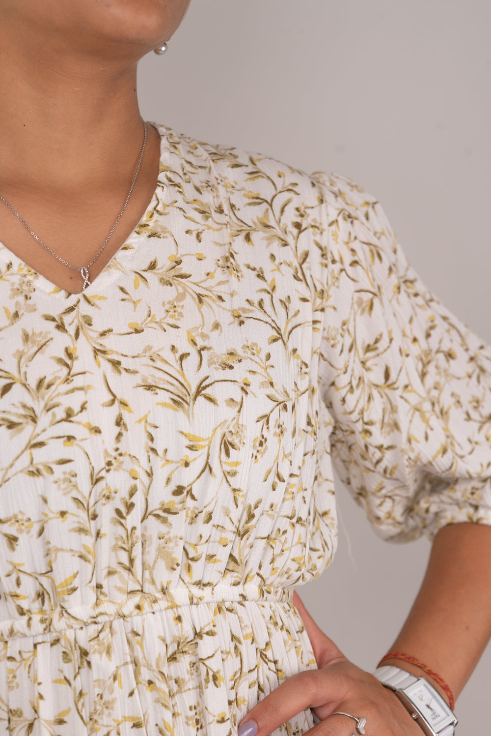 Ivory Floral Vine Print Tiered Dress