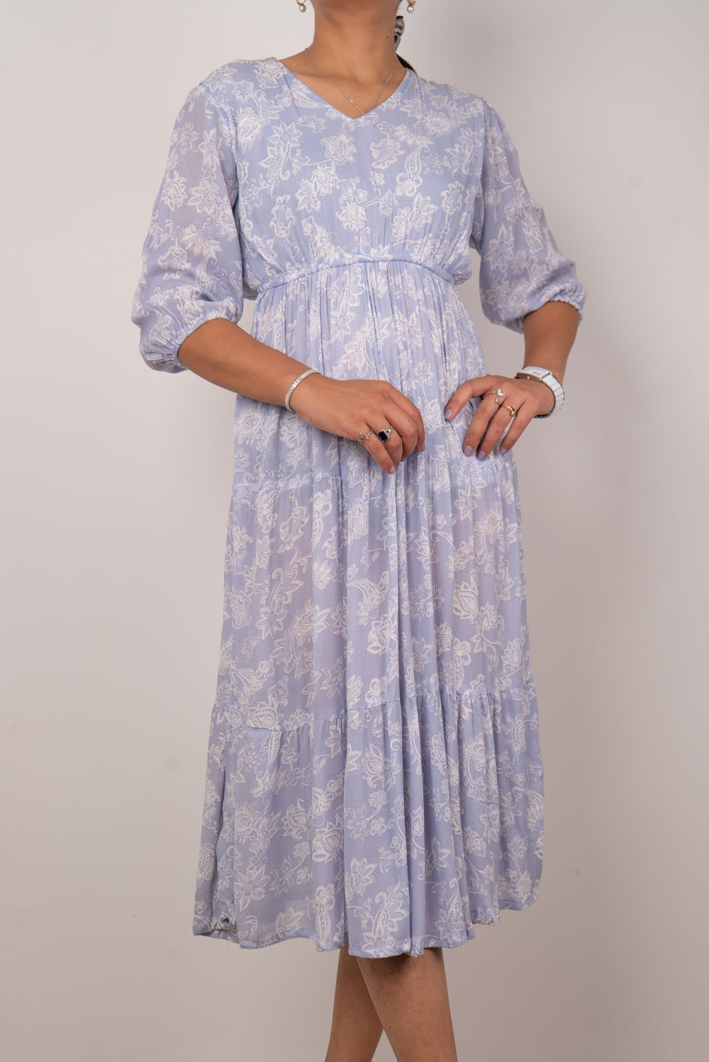 Powder Blue Paisley Print Tiered Dress
